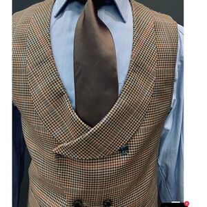 Canuti Houndstooth Vest Double Breasted Wool Blend Brown Blue 38 R NWOT‎
